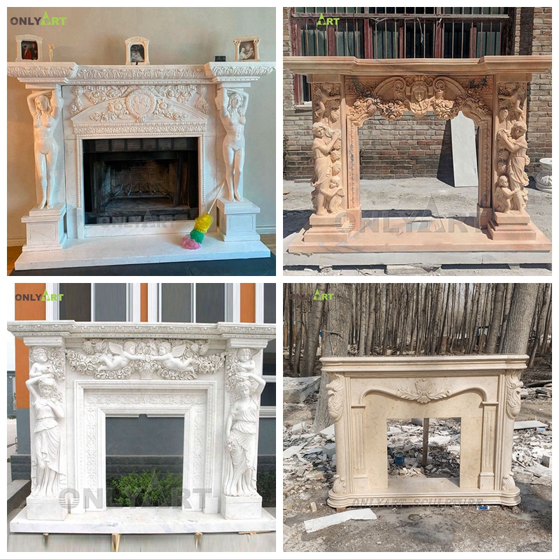 white fireplace mantel with stone