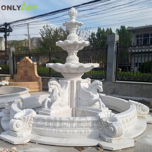Professional garden decoration hand carved horses white marble fountain