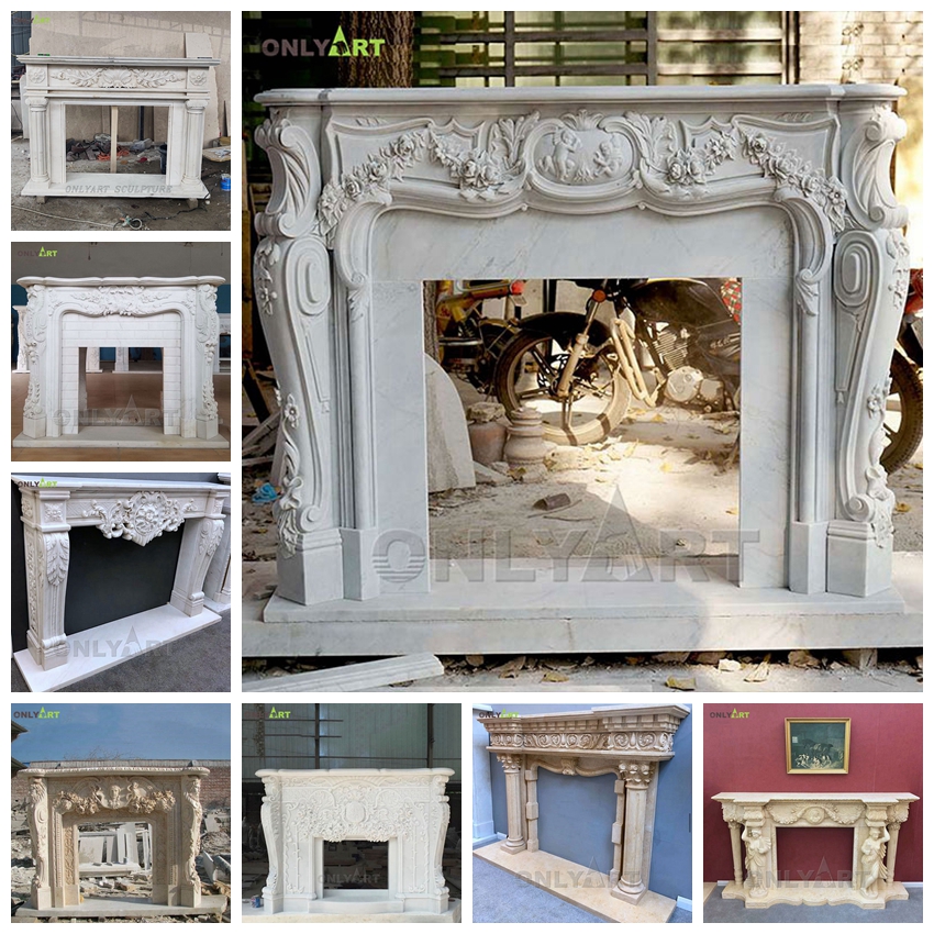 white stone fireplace surround