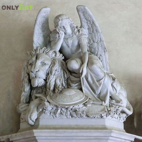 Beautiful sitting resting angels with lion statue OLA-T037