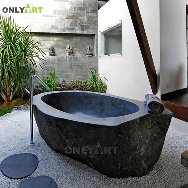 Black round stone bathtub for outdoor OLA-Y012