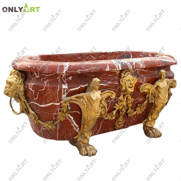Blood red marble bathtub with brass figure statue OLA-Y041