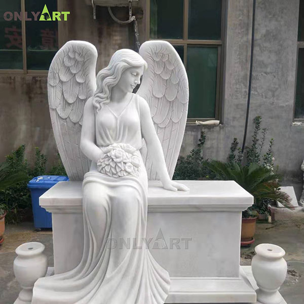 Classic design white marble sitting cemetery angel statue for sale OLA-T073