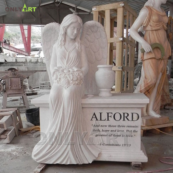 Custom marble angel looking at tombstone statue OLA-T080
