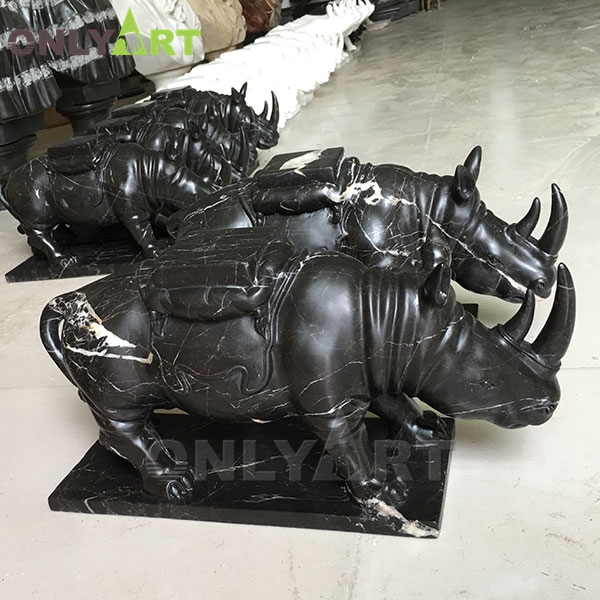 Hand carved large black marble rhino statue for sale OLA-A059