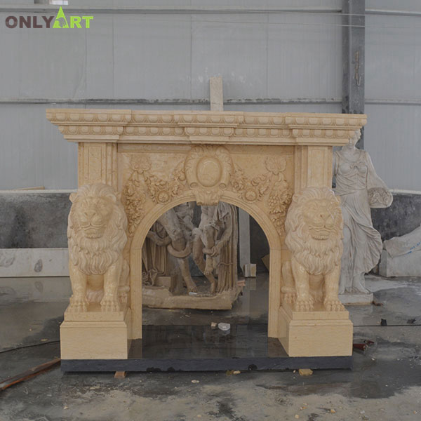 Marble vintage fireplace surround with lion statues OLA-M080