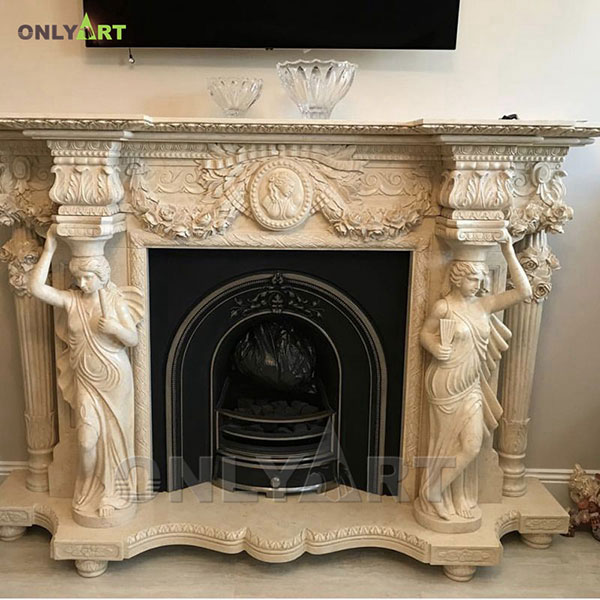 Modern marble freestanding fireplace mantel with women statues OLA-M062