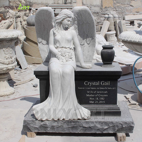 Natural marble angel resting on tombstone OLA-T082