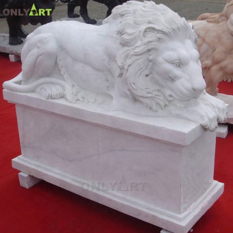 Outdoor marble sleeping huge lion statue with base OLA-A073