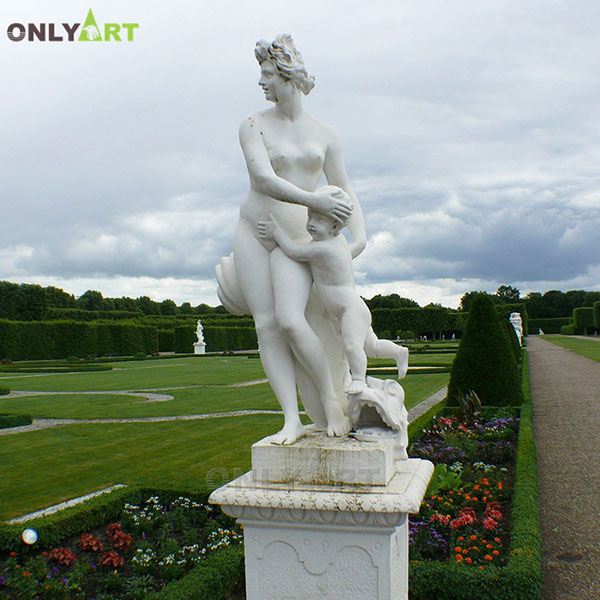 Outdoor standing marble mom and boy statue for sale