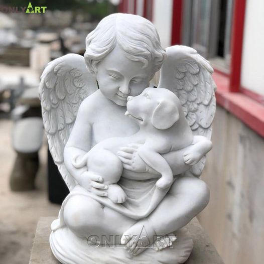 Small size marble winged boy angel with dog statue OLA-T055