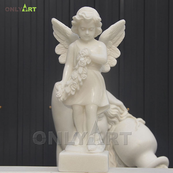 White marble little angel statue with flowers OLA-T048