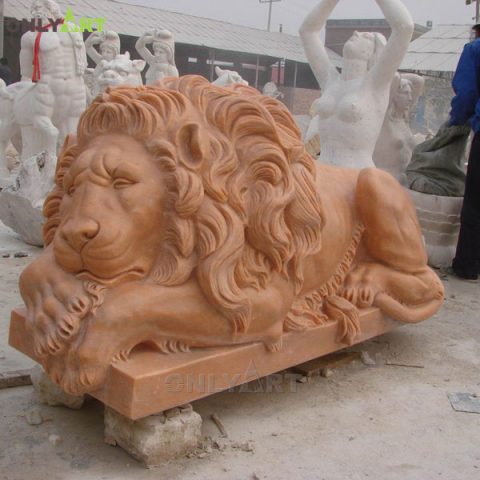 Yellow marble lying lion statue for garden decor OLA-A081