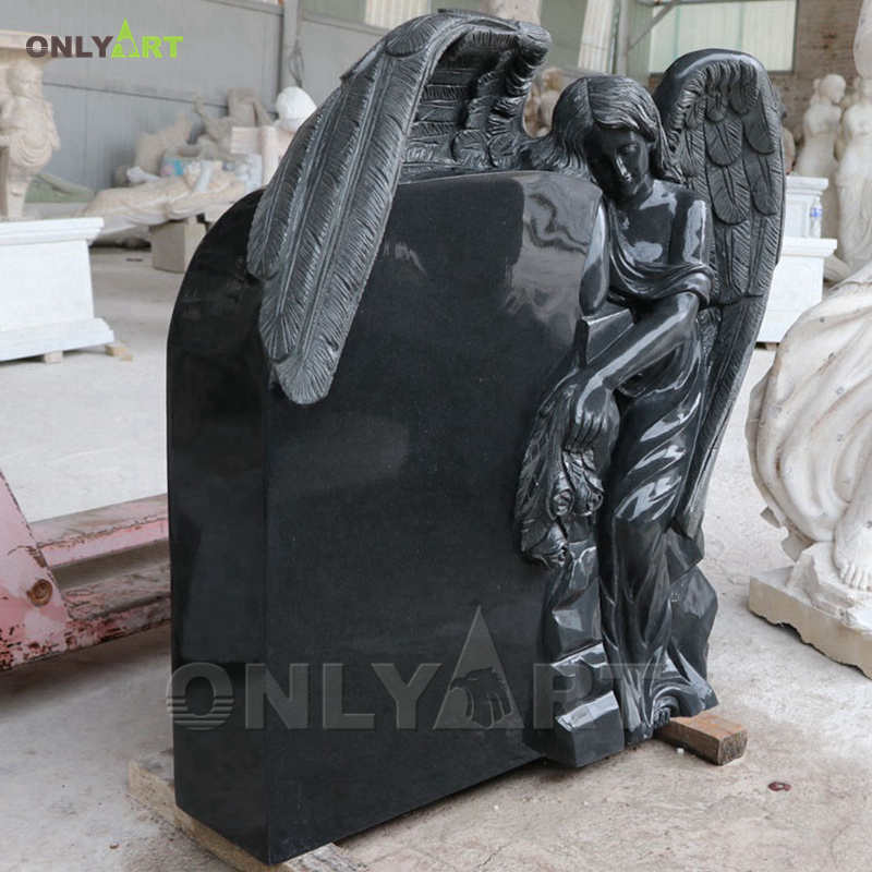 Black marble headstone with angel statue OLA-T089