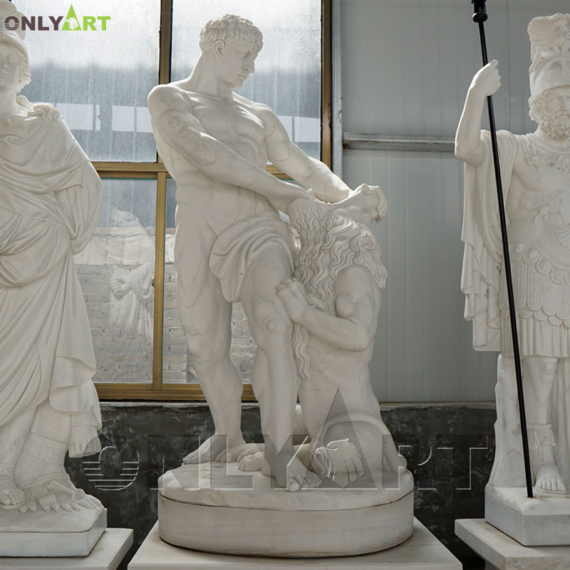 Great Natural Marble Sculpture Roman Style Naked Man Warrior Lion Statue