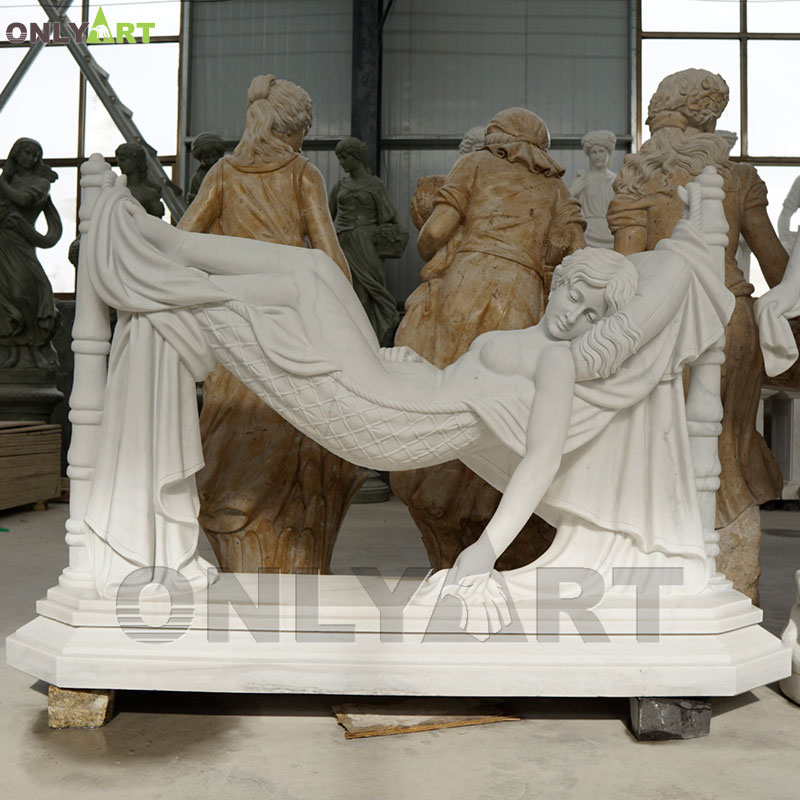 Hand carved marble naked woman lying hammock statue