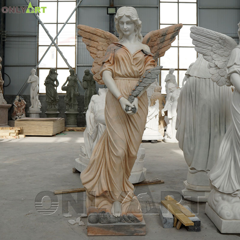 High quality cloudy rosa marble and white marble elegant angel statue for garden