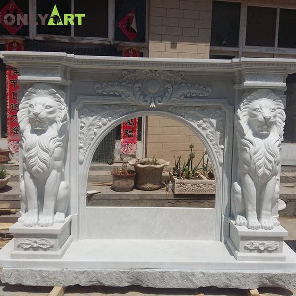 Home decor white marble warm fireplace mantel with lion statue