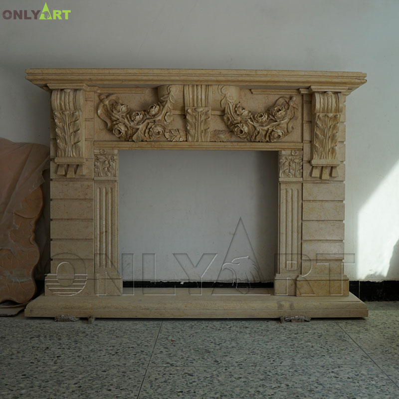 Indoor decor yellow color carved marble fireplace with rose flower relief pattern