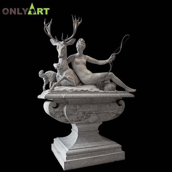 Life size marble nude lady statue with deer statue sculpture