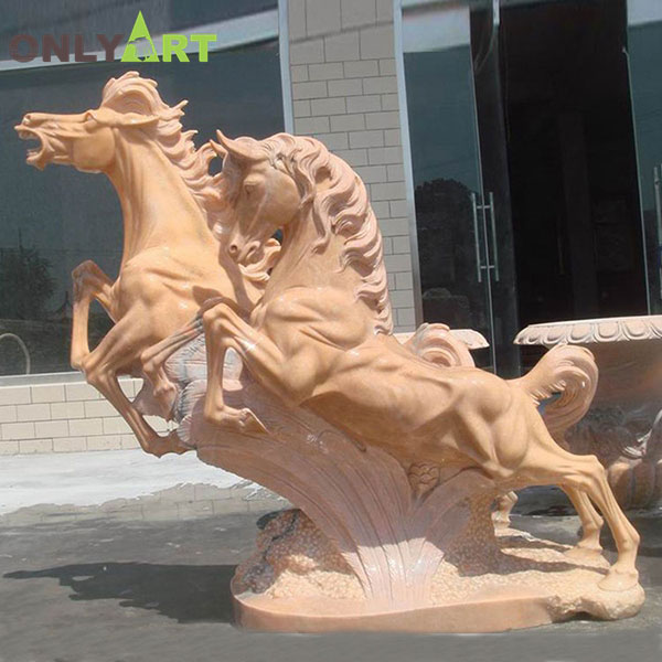 Outdoor decoration big couple running yellow marble horse statue OLA-A108