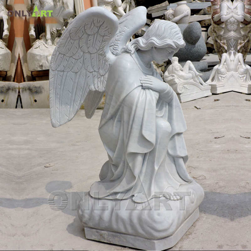 Outdoor white marble beautiful kneeling praying angel statue with wings OLA-T091