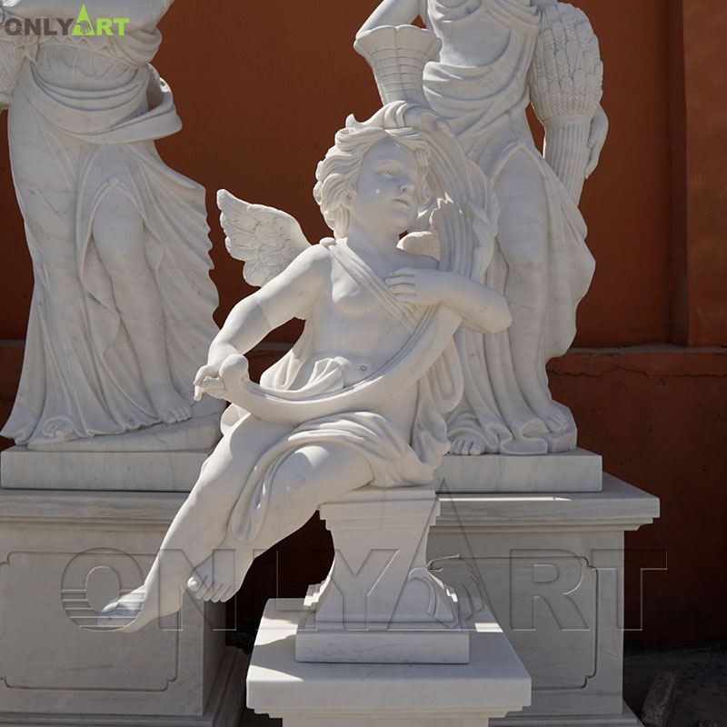 Outdoor white marble cherub angels statue with candlestick