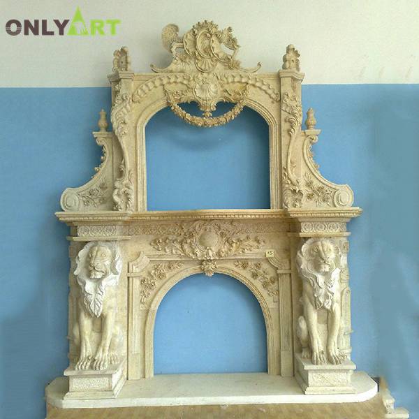 Room decor marble double mantle fireplace with lion statue