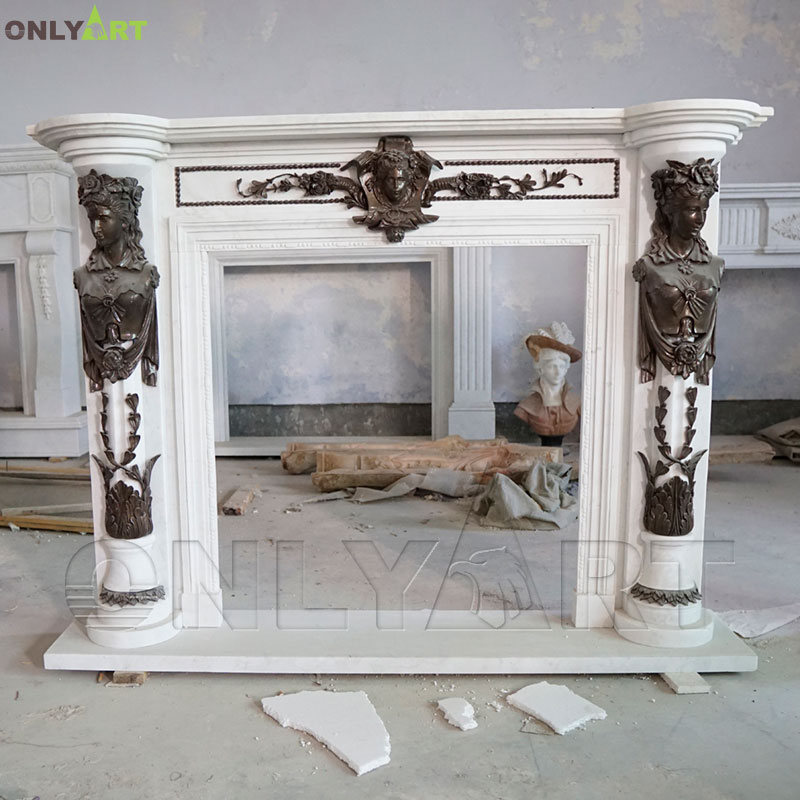 White marble column fireplace mantel with bronze Roman women statue OLA-M142
