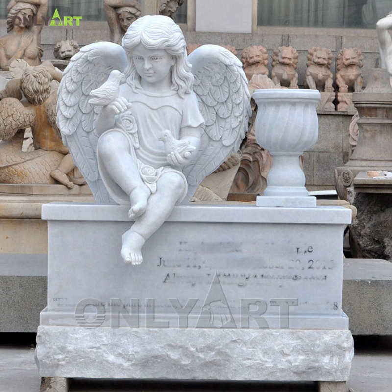 White marble sitting cherub angel tombstone for garden OLA-T088