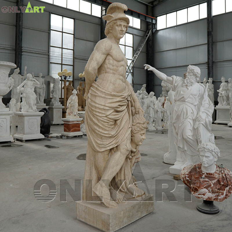 Yellow marble Roman warrior holding Medusa head sculpture
