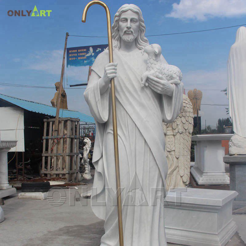 Outdoor life size religious sculpture marble jesus with sheep statue