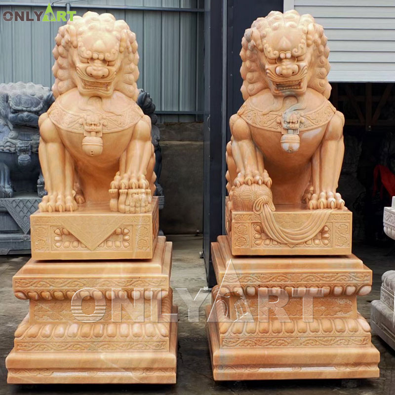 Yellow marble Chinese guardian lion statue for sale