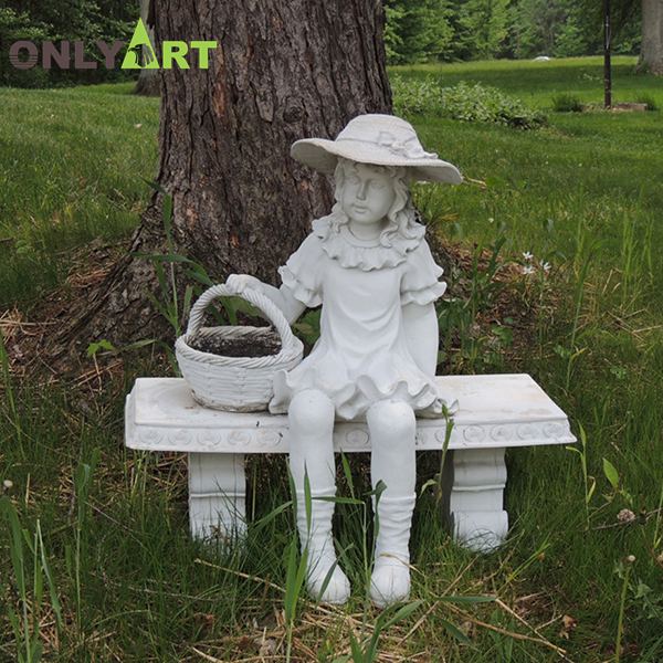 Marble little girl on bench with basket garden statue