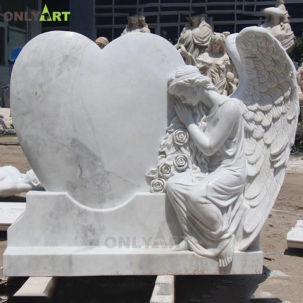Factory stock white marble angel statue heart tombstone for sale OLA-T104