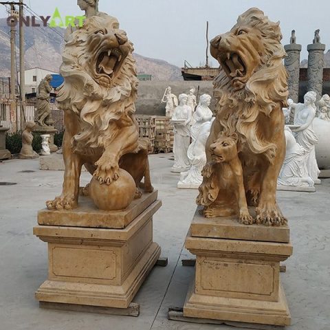 High quality yellow marble garden lions sculptures for sale OLA-A125