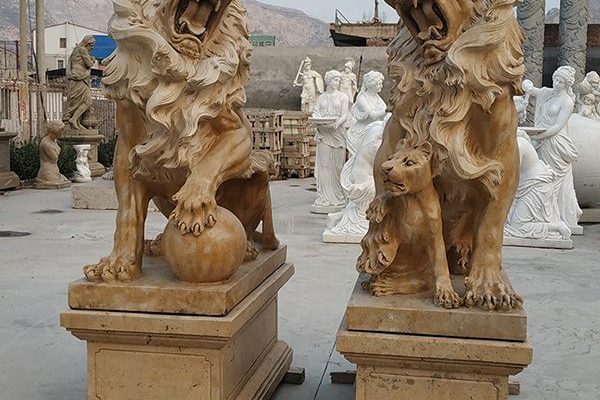 High quality yellow marble garden lions sculptures for sale OLA-A125