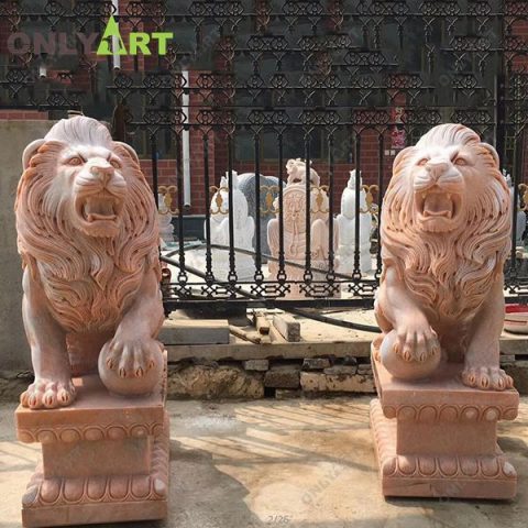 Life size marble roaring lion statue with ball OLA-A119