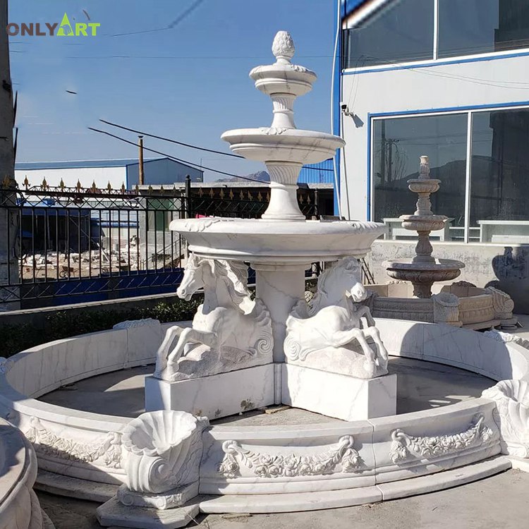 White marble outdoor waterfall fountain with horse statue OLA-F293