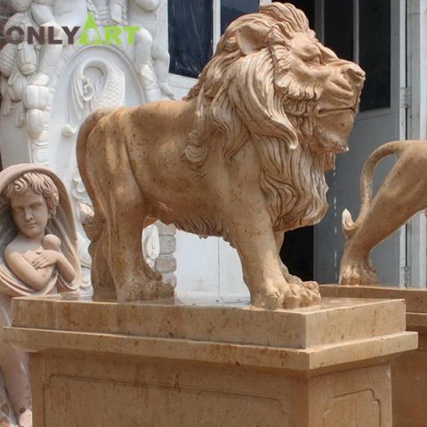 Yellow marble lion garden statue for sale OLA-A111