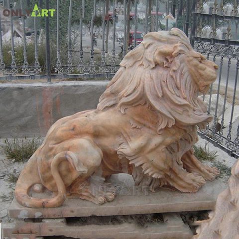 Yellow marble sitting lion statue OLA-A118