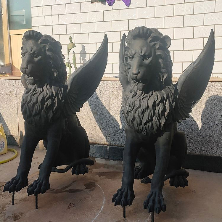 black natural marble lions sculptures,marble carvings lion with wings,Natural Marble Animal Statues,carved marble winged lion statue