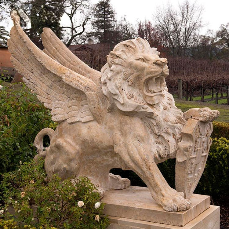 garden Marble Flying Lion Statue,marble winged lions for garden,Marble Flying Lion sculpture,yellow stone sculpture marble lion statue