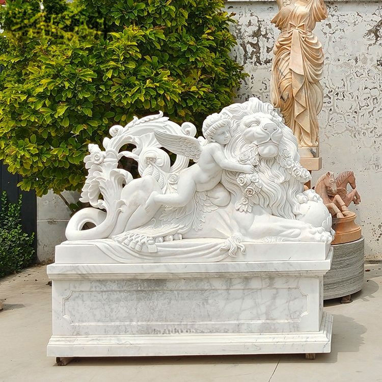 guardian lion statue with a boy,lion angle guardian statue,concrete outdoor lion statue with base,large marble lion sculpture with ball