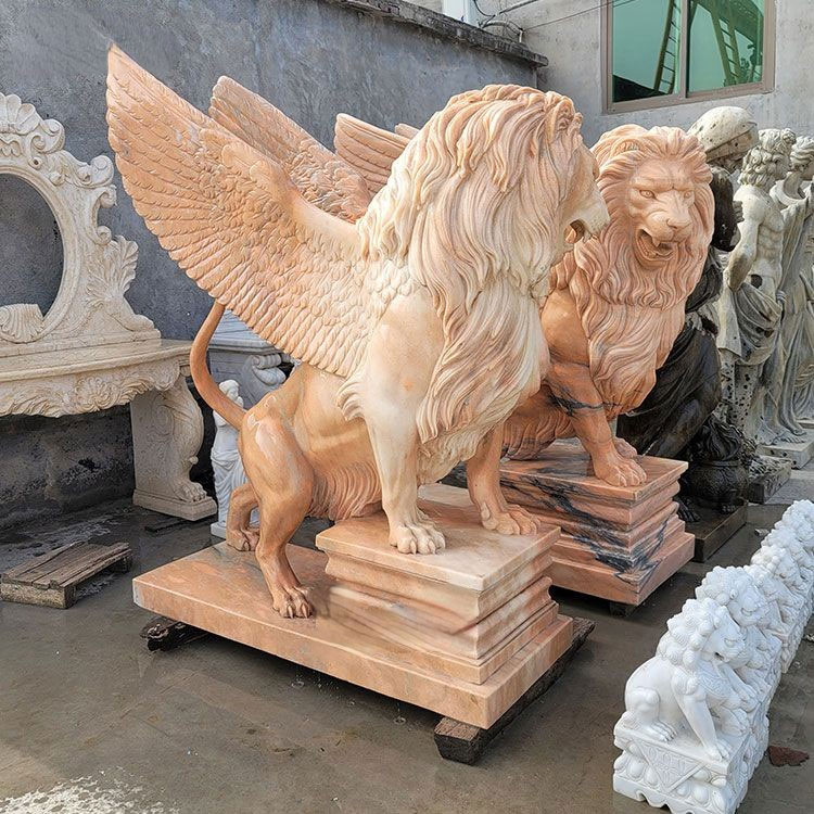 yellow marble lions sculptures,marble carvings lion with wings,Natural Marble Animal Statues,carved marble winged lion statue