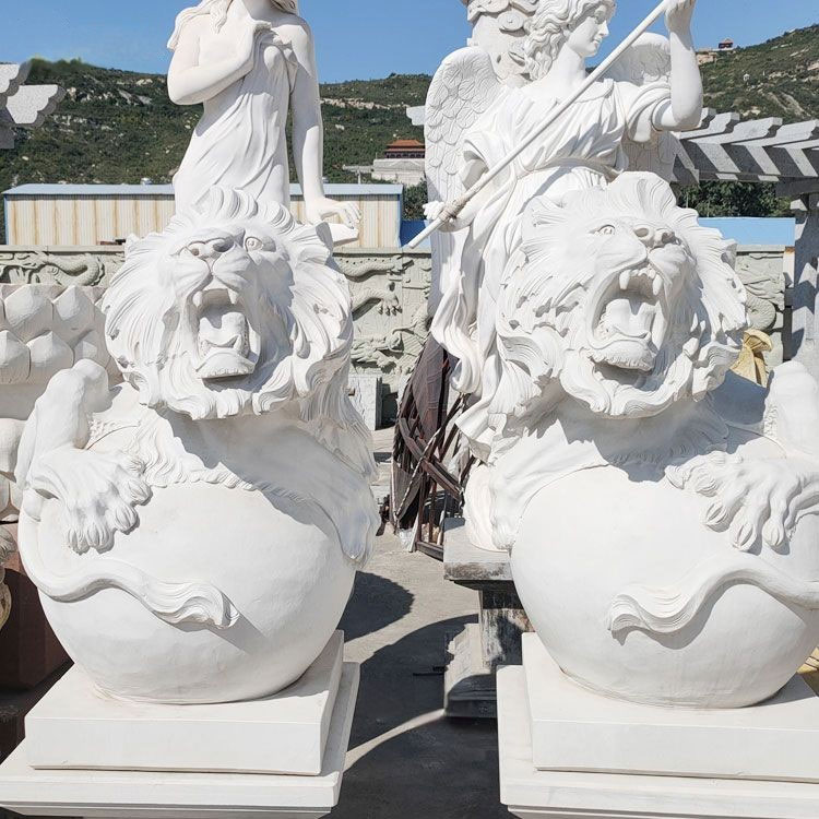 Marble Lion Staue With Ball,marble sitting lion carving for outside gate,stone lion statue with ball,Outdoor Decoration marble lion statue price for sale