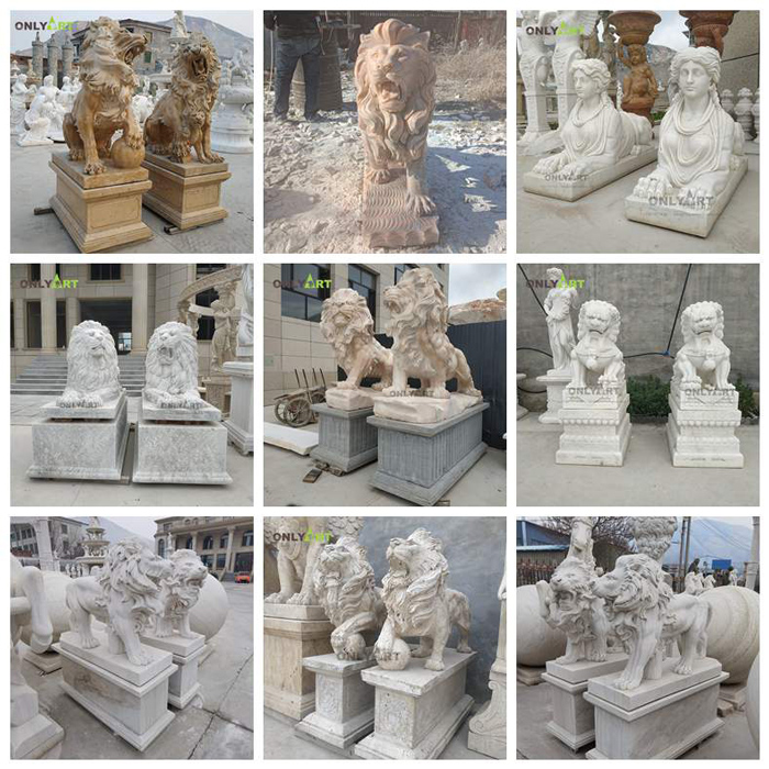 life size white marble lion statues