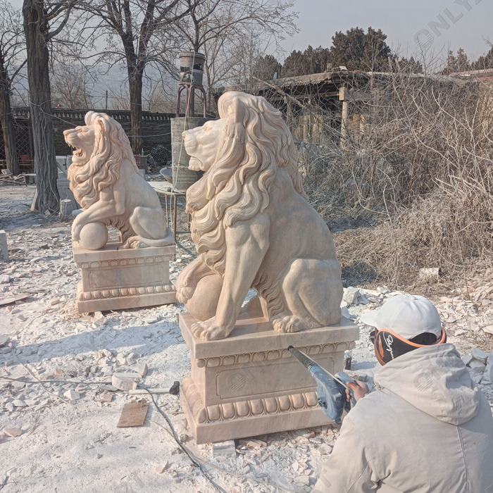 marble sitting lion carving for outside gate