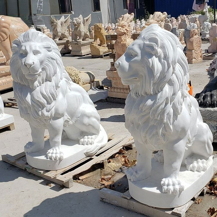 Natural White Marble Lions Statue,Vivid Animal Sculpture Marble Lion Statue,Front Door Lion Statue,Marble Entryway Lion Statue,Large White Marble Lion Statues
