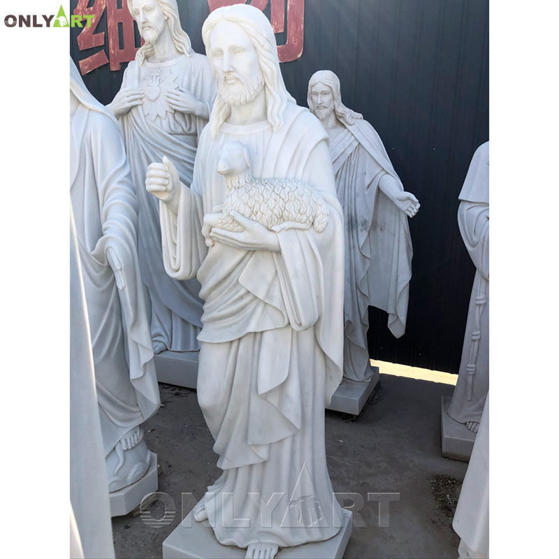 Marble Religious Jesus and Sheep Sculpture